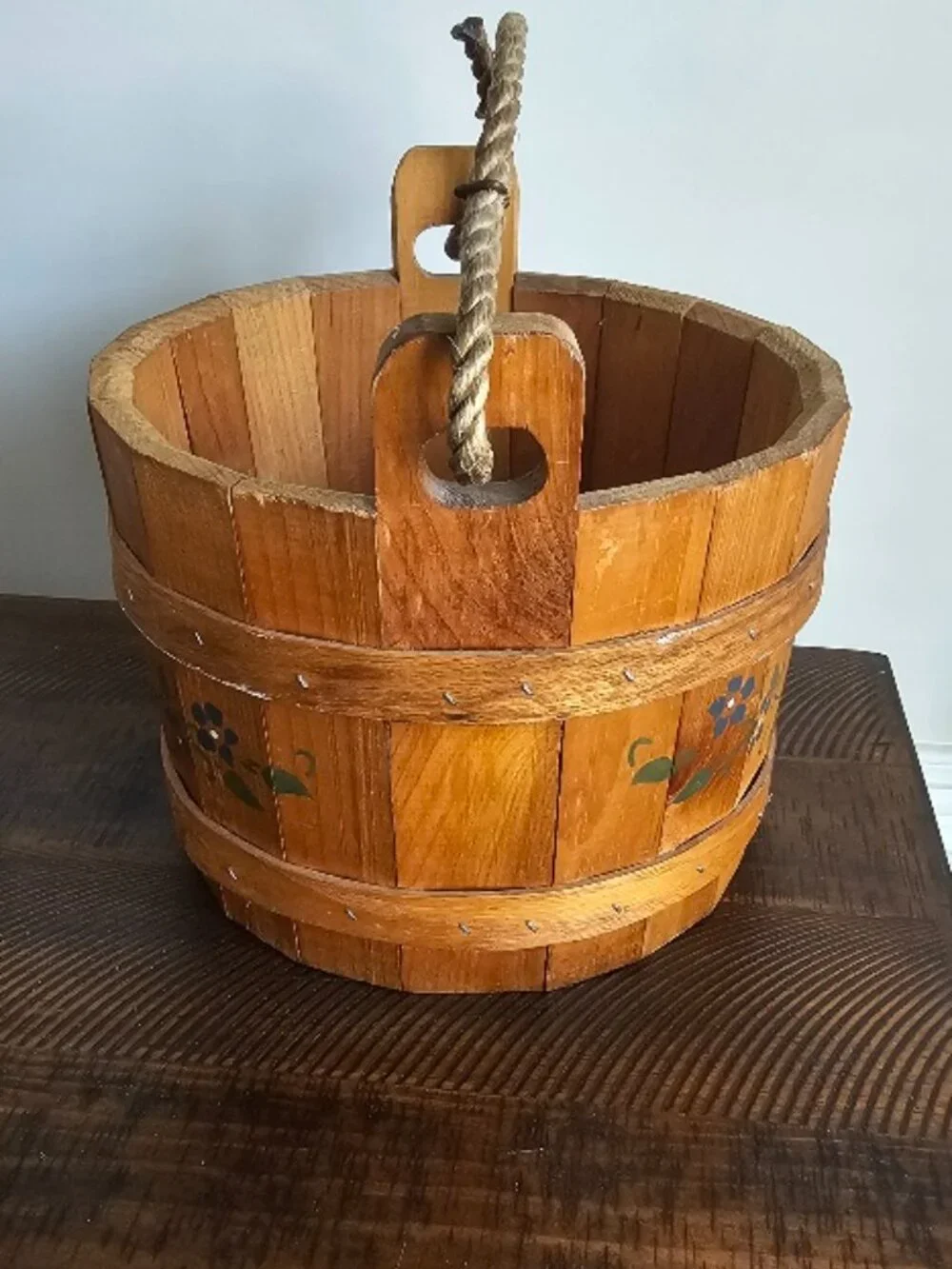 Vintage Heavy Wood Rope Handle Bucket Basket Primitive Farmhouse Rustic Decor